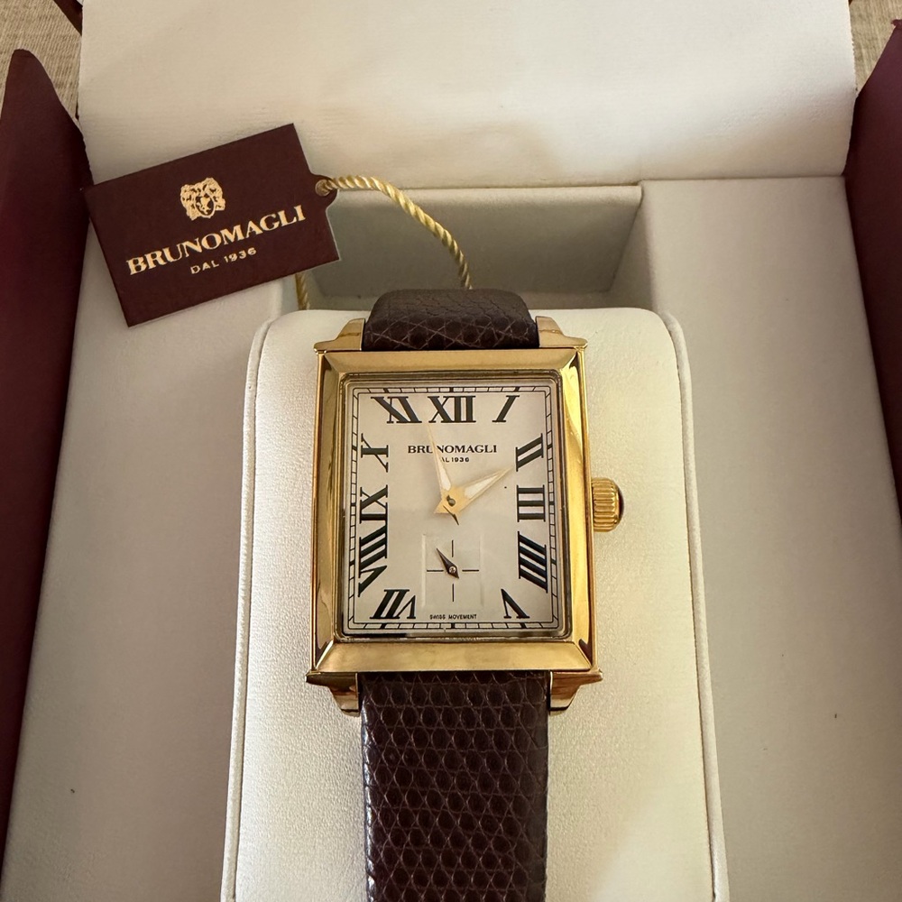 Bruno Magli Gold-Tone Rectangular Watch with Brown Leather Strap - Picture 2 of 7
